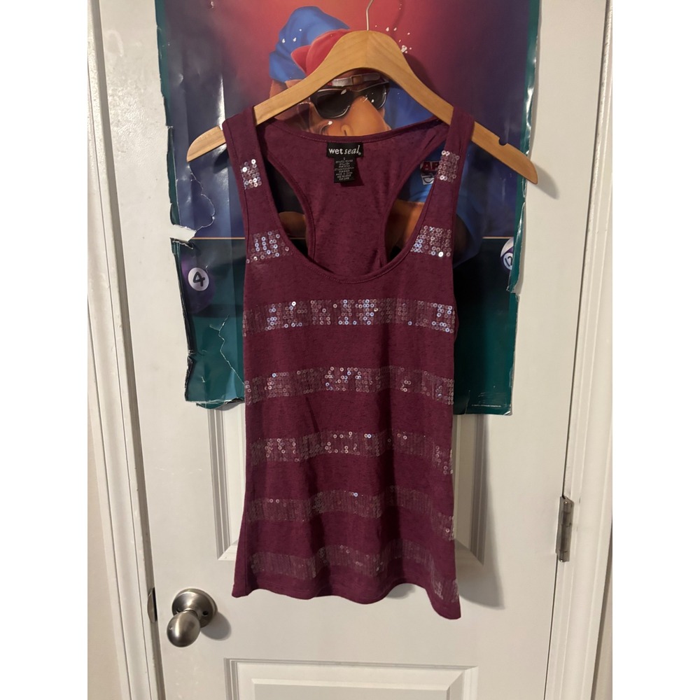 Wet Seal Womens Small Purple Sequin Striped Racerback Tank Top Heathered Plum